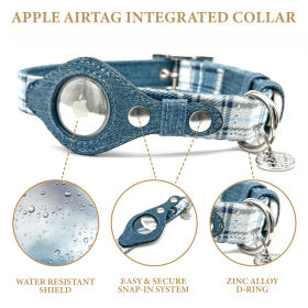 Apple Airtag Integrated Collar (Color: Blue Plaid, size: small)